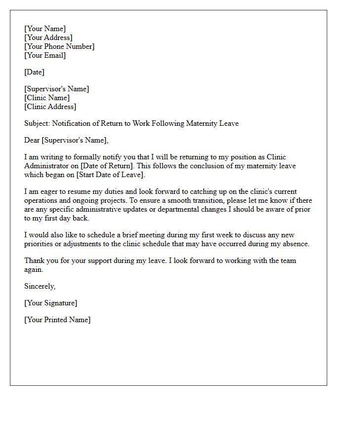 Clinic Administrator Return to Work Following Maternity Leave Letter