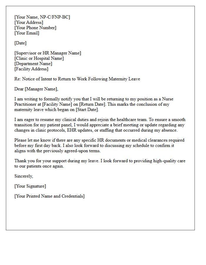 Nurse Practitioner Return to Work Following Maternity Leave Letter