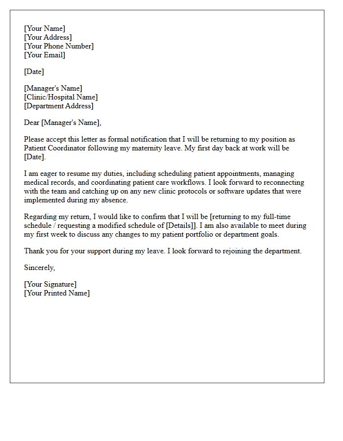 Patient Coordinator Return to Work Following Maternity Leave Letter