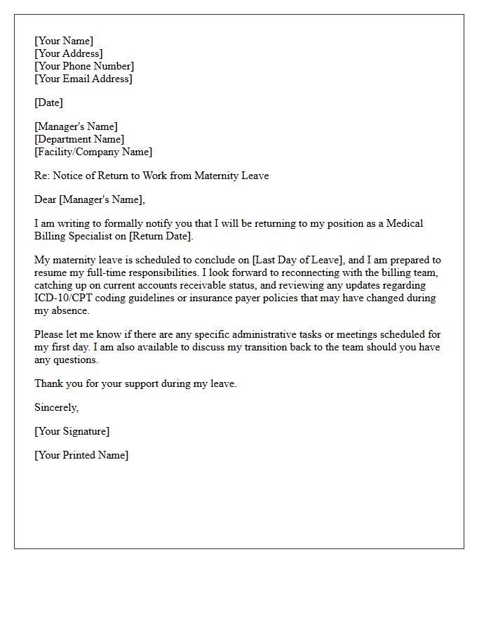 Medical Billing Specialist Return to Work Following Maternity Leave Letter