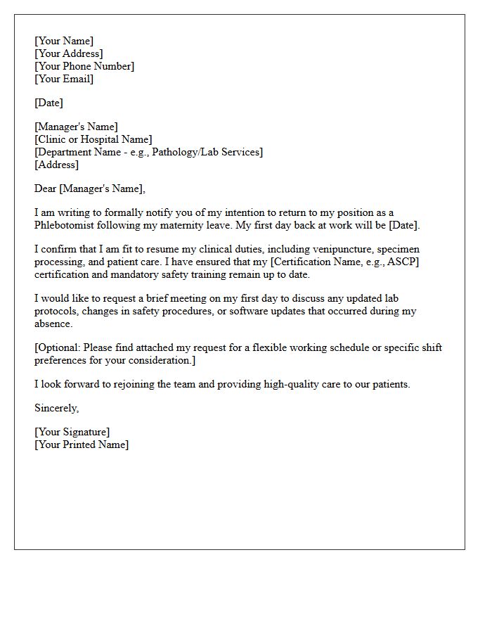 Phlebotomist Return to Work Following Maternity Leave Letter