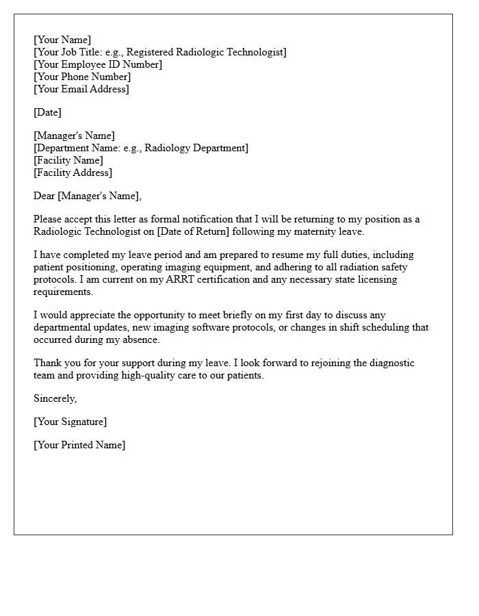 Radiologic Technologist Return to Work Following Maternity Leave Letter