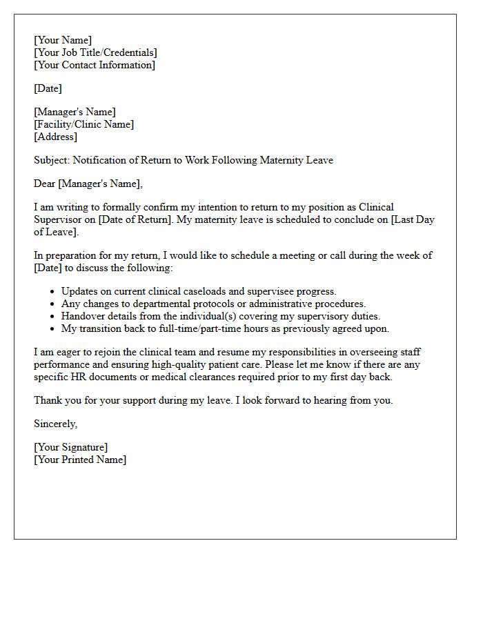 Clinical Supervisor Return to Work Following Maternity Leave Letter