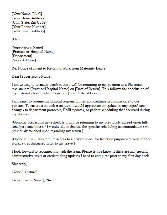 Physician Assistant Return to Work Following Maternity Leave Letter