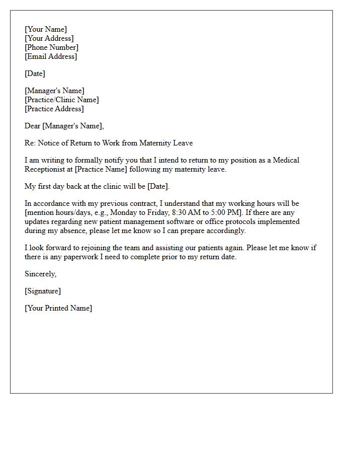 Medical Receptionist Return to Work Following Maternity Leave Letter