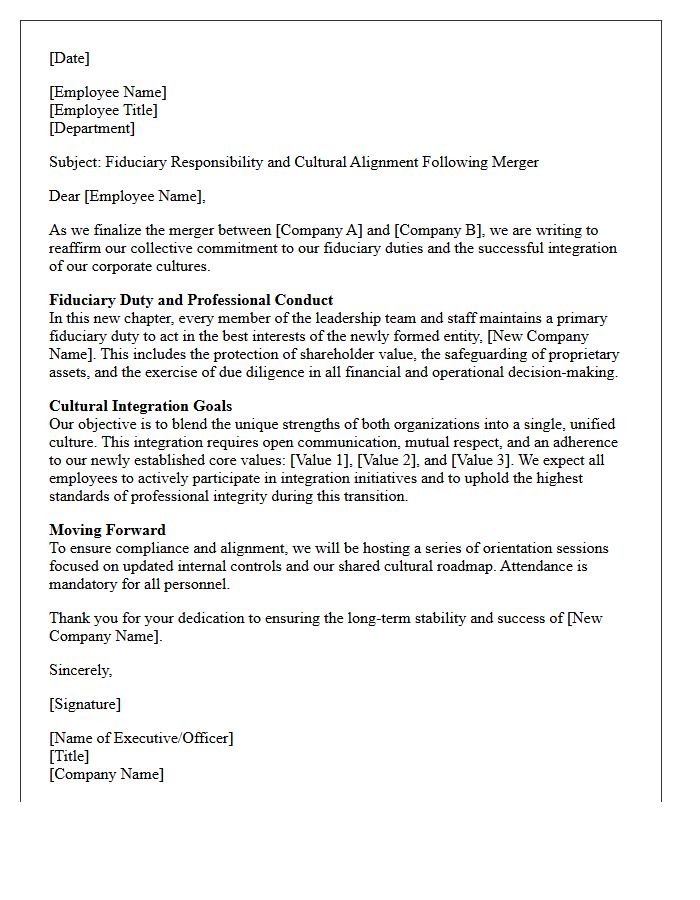 Fiduciary Duty And Cultural Integration Post-Merger Letter