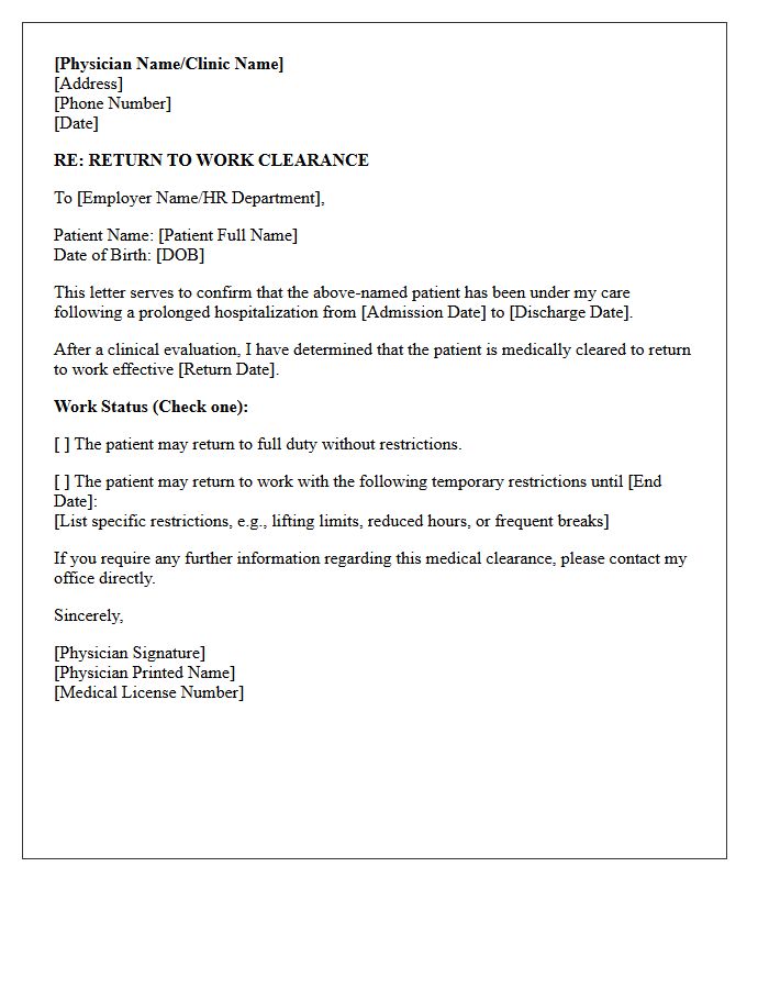 Physician Clearance Return to Work Following Prolonged Hospitalization Letter