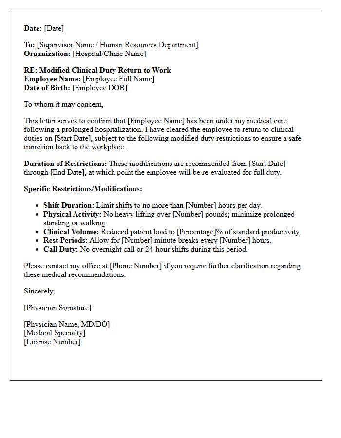 Modified Clinical Duty Return to Work Following Prolonged Hospitalization Letter