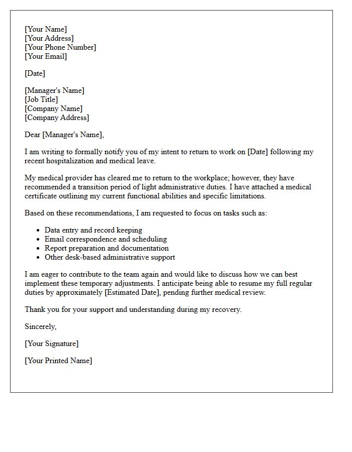 Light Administrative Duty Return to Work Following Prolonged Hospitalization Letter