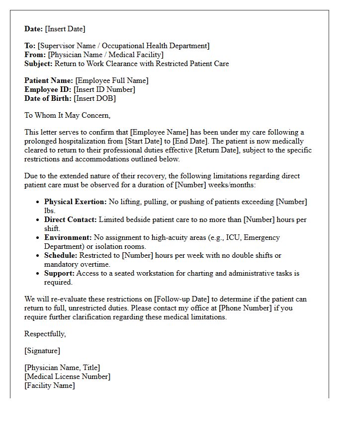 Restricted Patient Care Return to Work Following Prolonged Hospitalization Letter