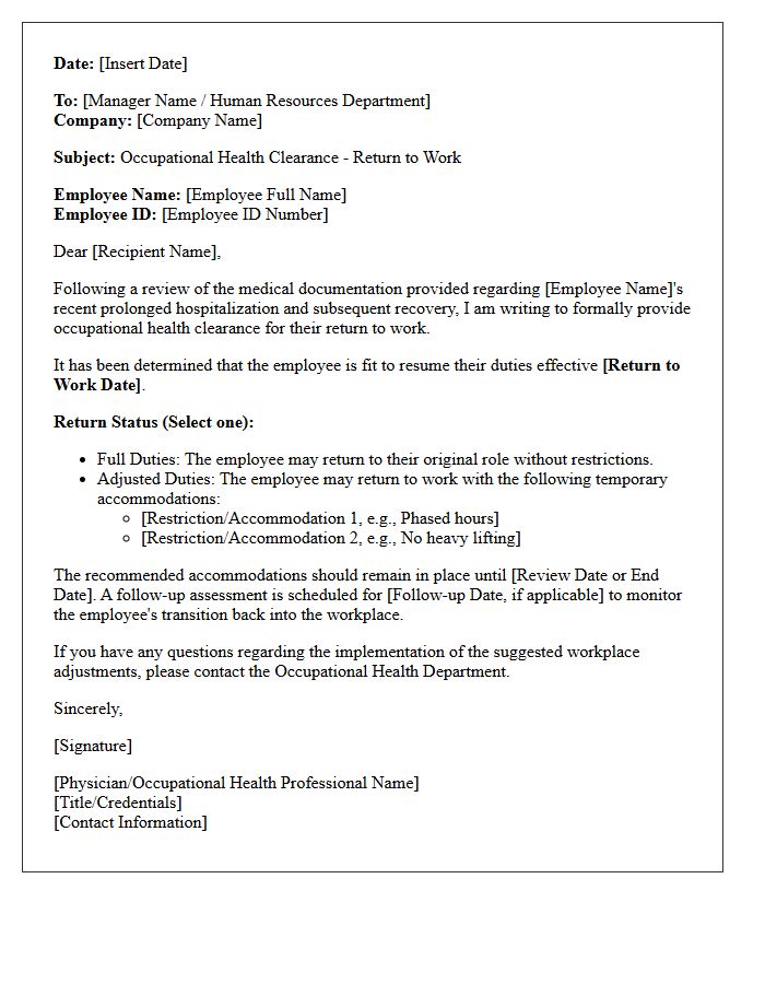 Occupational Health Clearance Return to Work Following Prolonged Hospitalization Letter