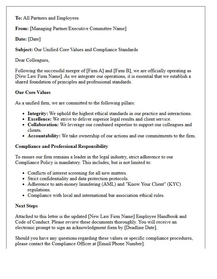 Post-Merger Law Firm Core Values And Compliance Letter