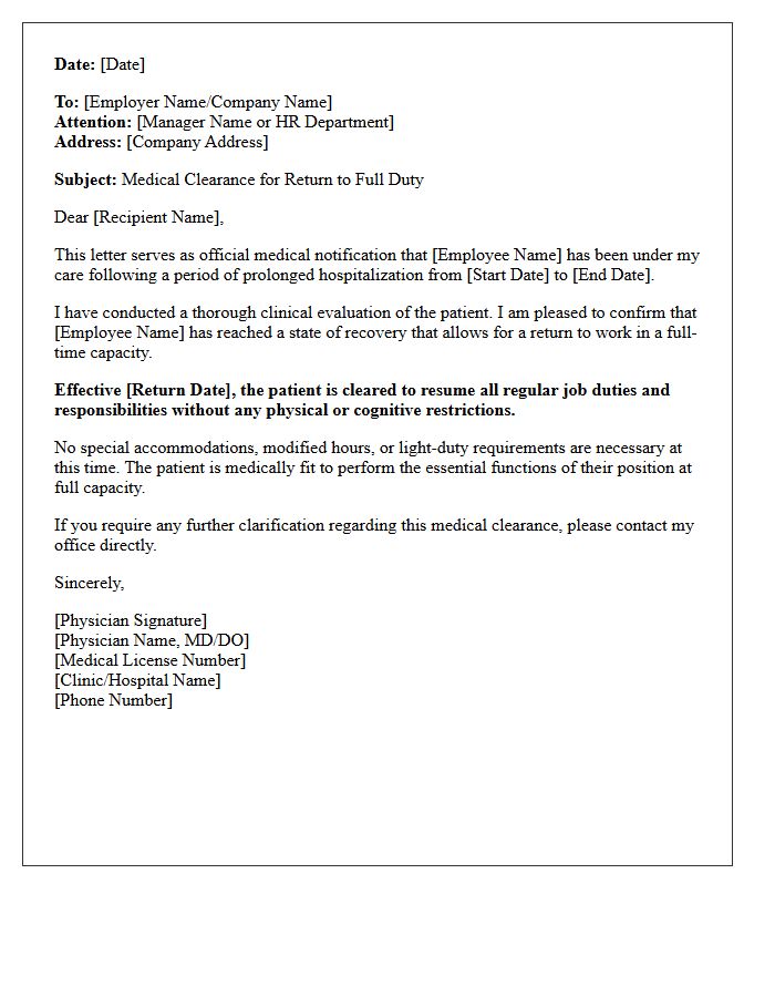 Full Capacity Clearance Return to Work Following Prolonged Hospitalization Letter