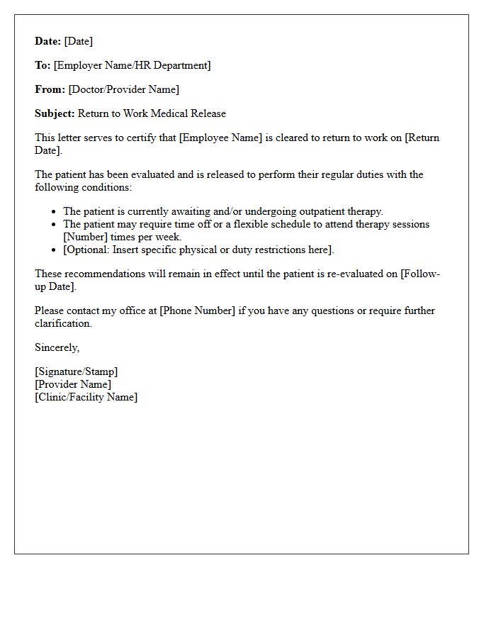 Standard Return to Work Pending Outpatient Therapy Letter