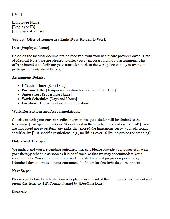 Temporary Light Duty Return to Work Pending Outpatient Therapy Letter