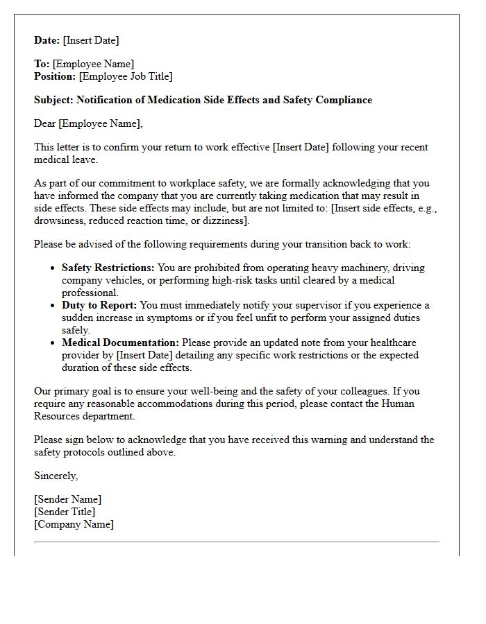 Standard Return to Work Medication Side Effect Warning Letter