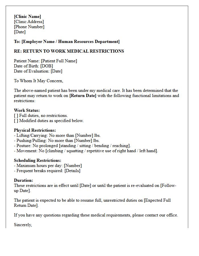 Medical Clinic Return to Work Prescription Restriction Letter
