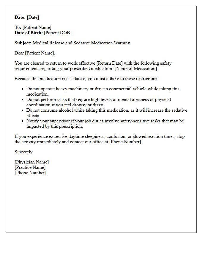 Physician Return to Work Sedative Warning Letter