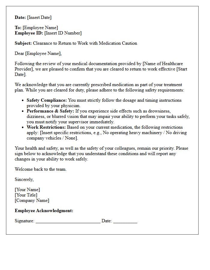 Clearance to Return to Work with Medication Caution Letter