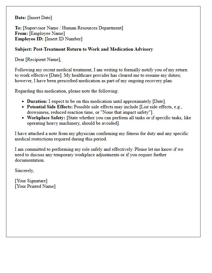 Post-Treatment Return to Work Medication Advisory Letter