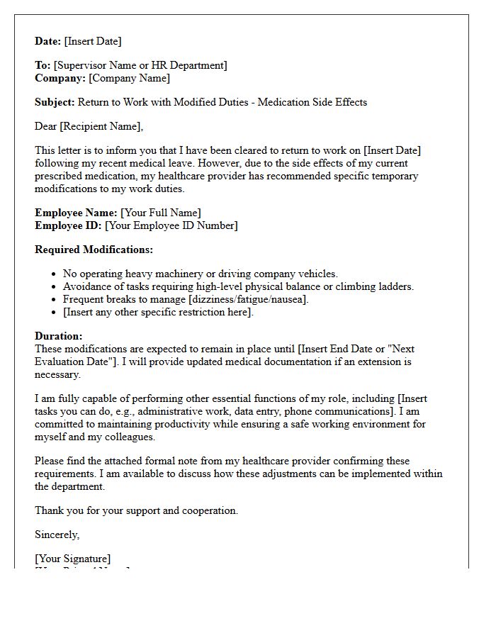 Return to Work Modified Duty Medication Side Effect Letter