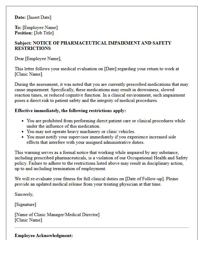 Clinic Return to Work Pharmaceutical Impairment Warning Letter