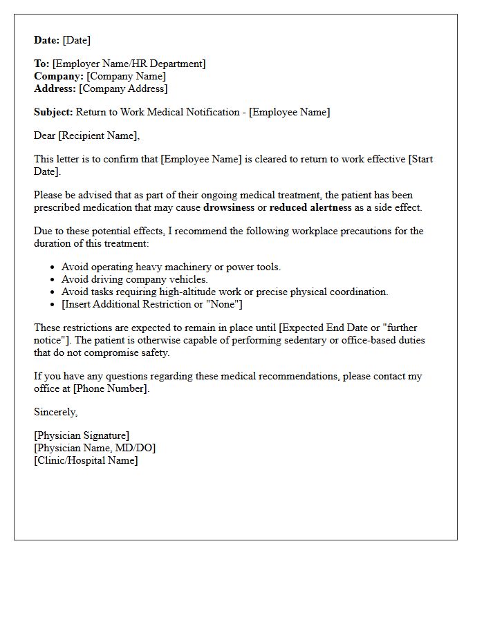 Patient Return to Work Medication Drowsiness Alert Letter