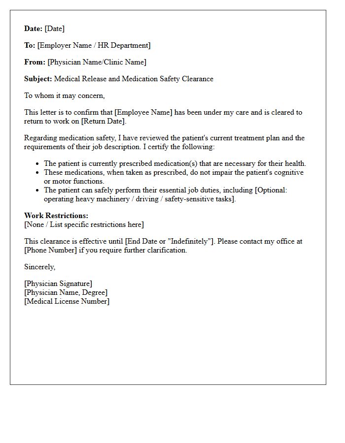 Medical Release Return to Work Medication Safety Letter