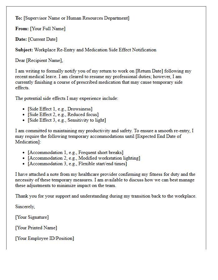 Workplace Re-Entry Medication Side Effect Notification Letter