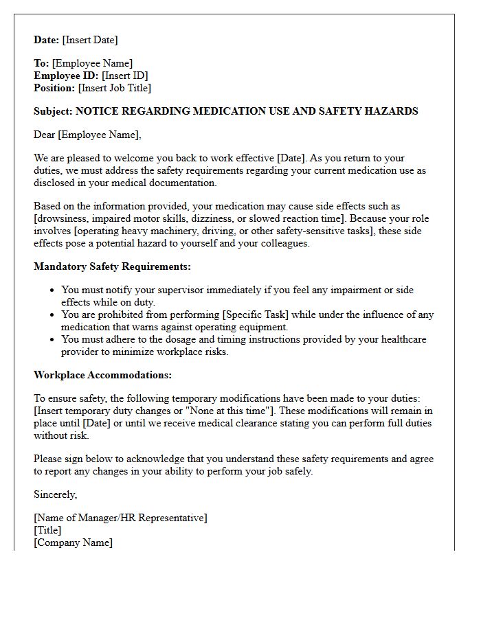 Employee Return to Work Medication Hazard Warning Letter