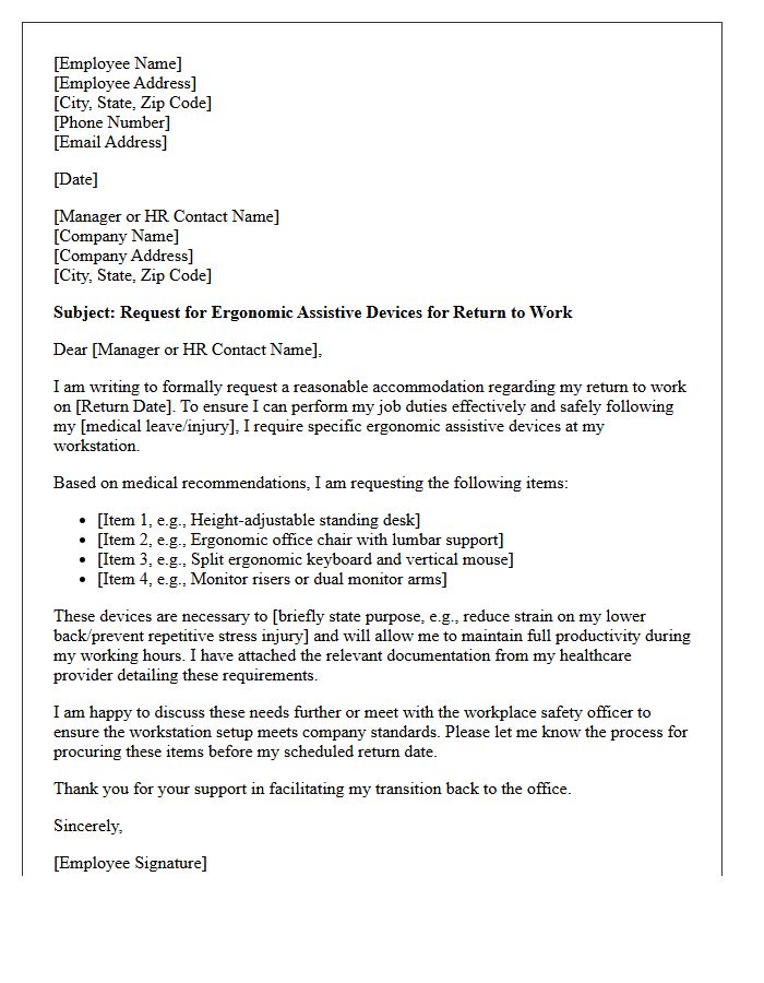 Ergonomic Workstation Assistive Device Return to Work Letter