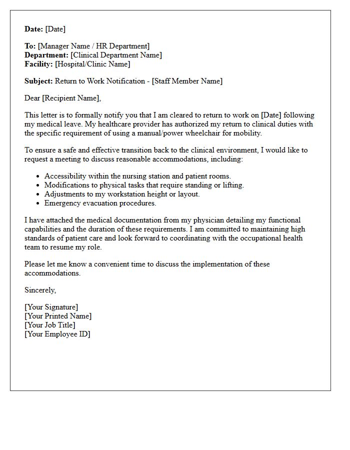 Clinical Staff Wheelchair Requirement Return to Work Letter