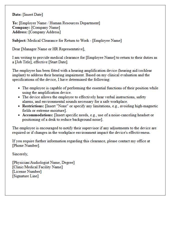Hearing Amplification Device Return to Work Clearance Letter