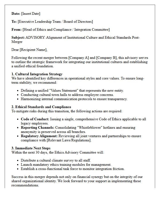 Post-Merger Institutional Culture And Ethics Advisory Letter