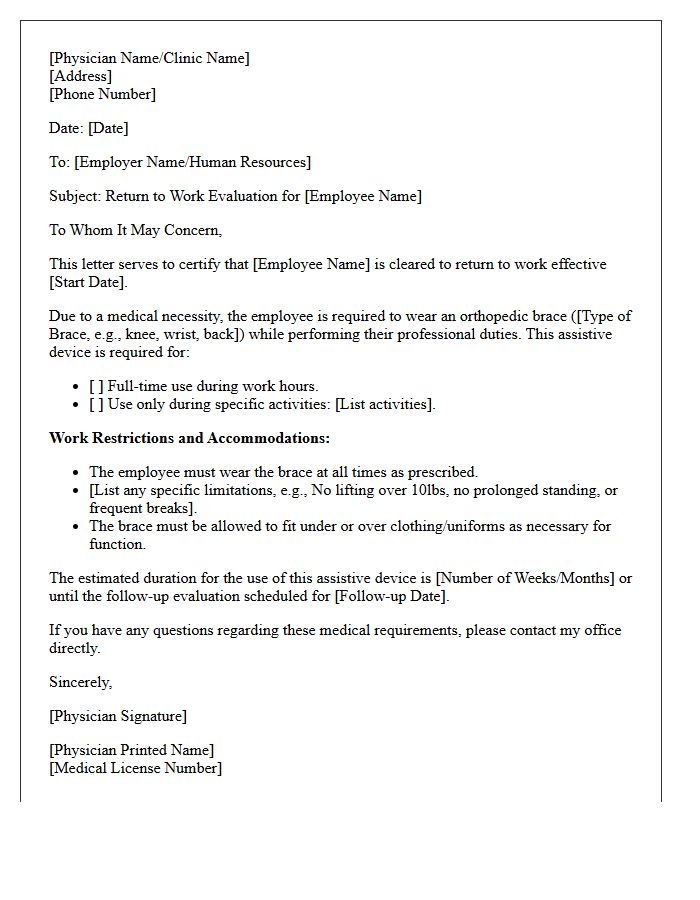 Orthopedic Brace Assistive Device Return to Work Letter