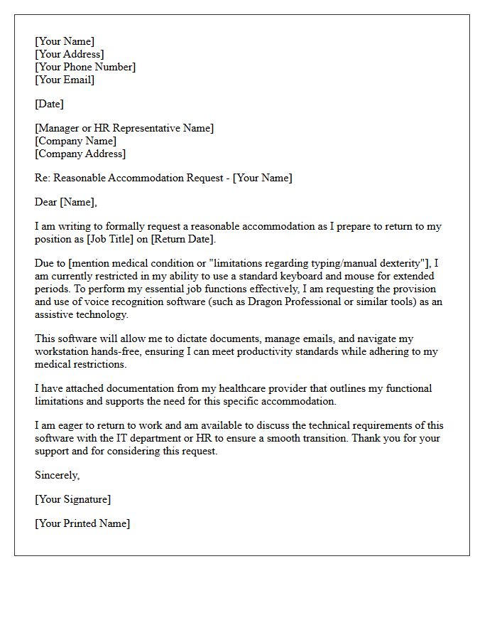 Voice Recognition Software Accommodation Return to Work Letter