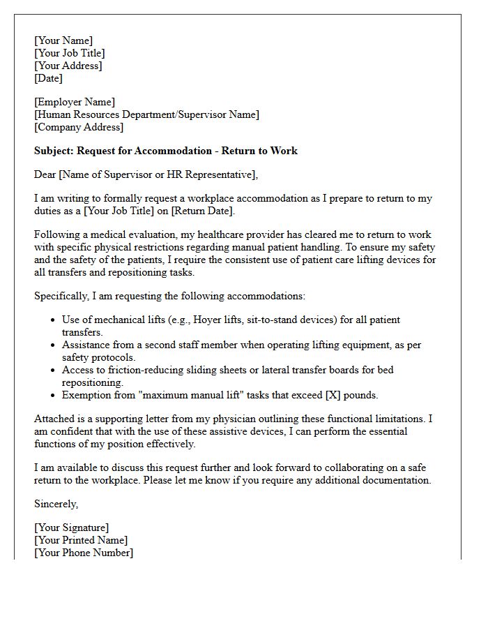 Patient Care Lifting Device Accommodation Return to Work Letter