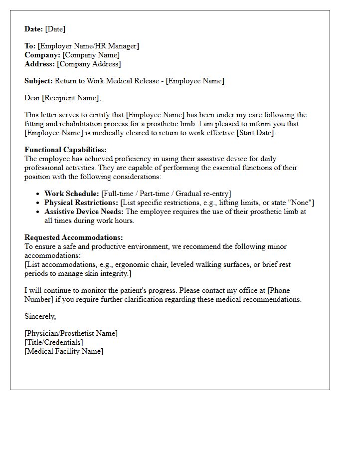 Prosthetic Limb Assistive Device Return to Work Letter