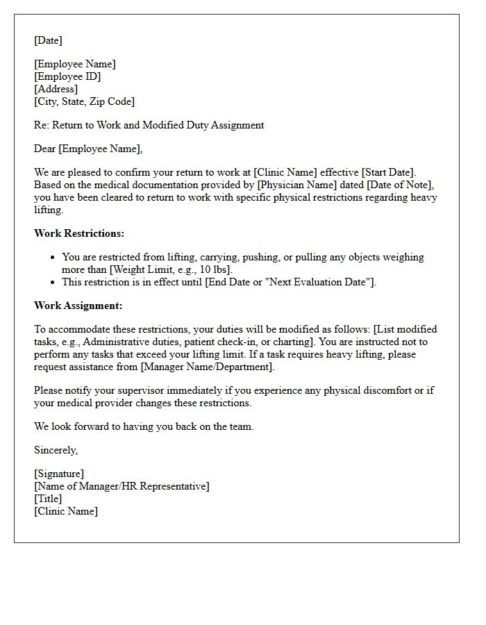 Medical Clinic Employee Return to Work with Heavy Lifting Restrictions Letter