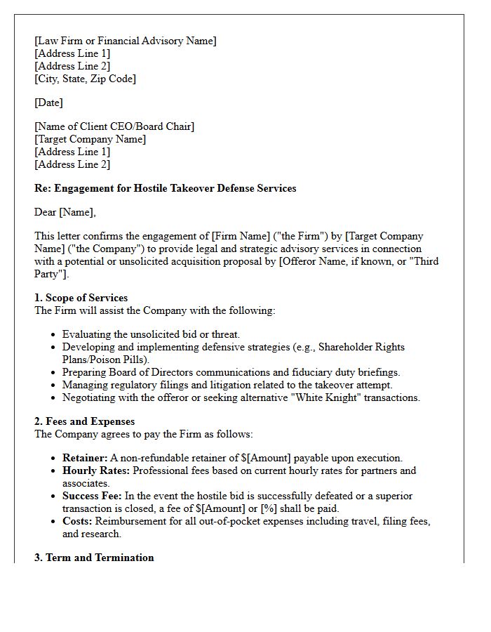 Engagement Letter for Hostile Takeover Defense Services