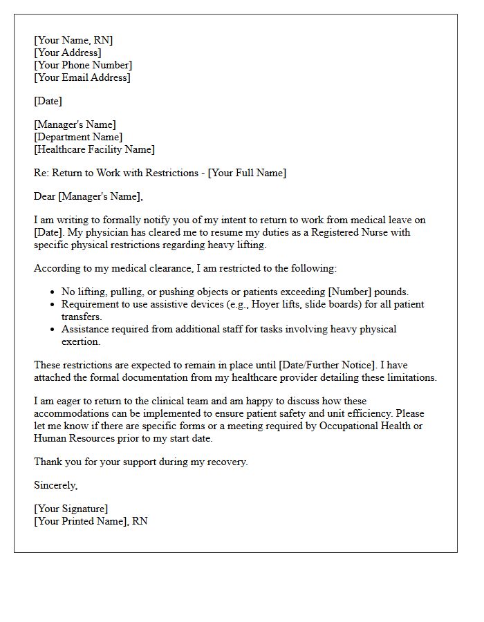 Registered Nurse Return to Work with Heavy Lifting Restrictions Letter