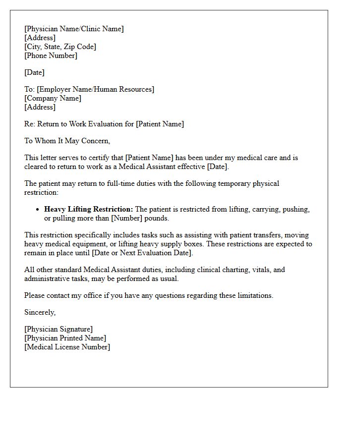 Medical Assistant Return to Work with Heavy Lifting Restrictions Letter