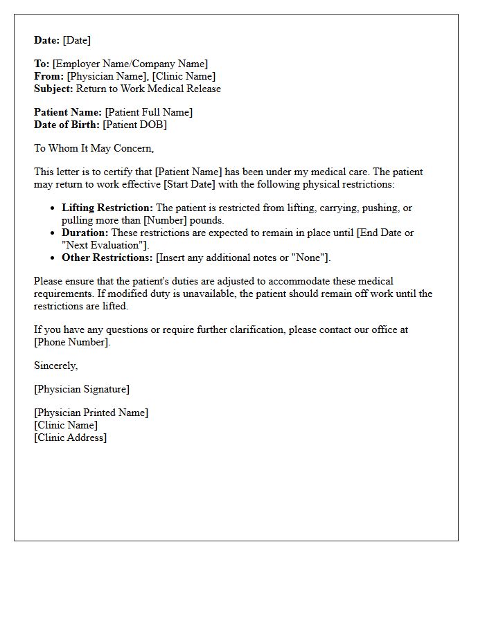 Clinic Patient Return to Work with Heavy Lifting Restrictions Letter