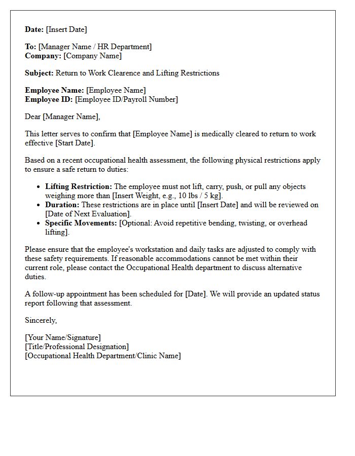 Occupational Health Return to Work with Heavy Lifting Restrictions Letter