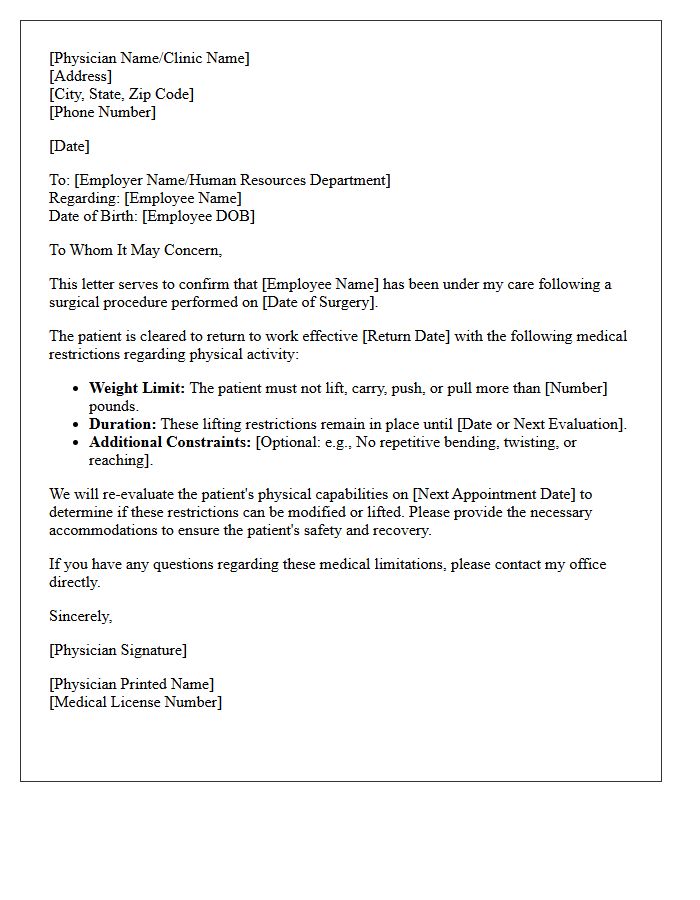 Post-Surgical Return to Work with Heavy Lifting Restrictions Letter