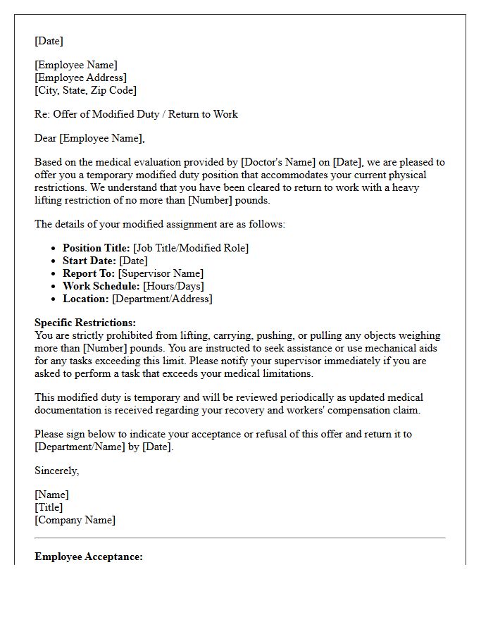 Workers Compensation Return to Work with Heavy Lifting Restrictions Letter