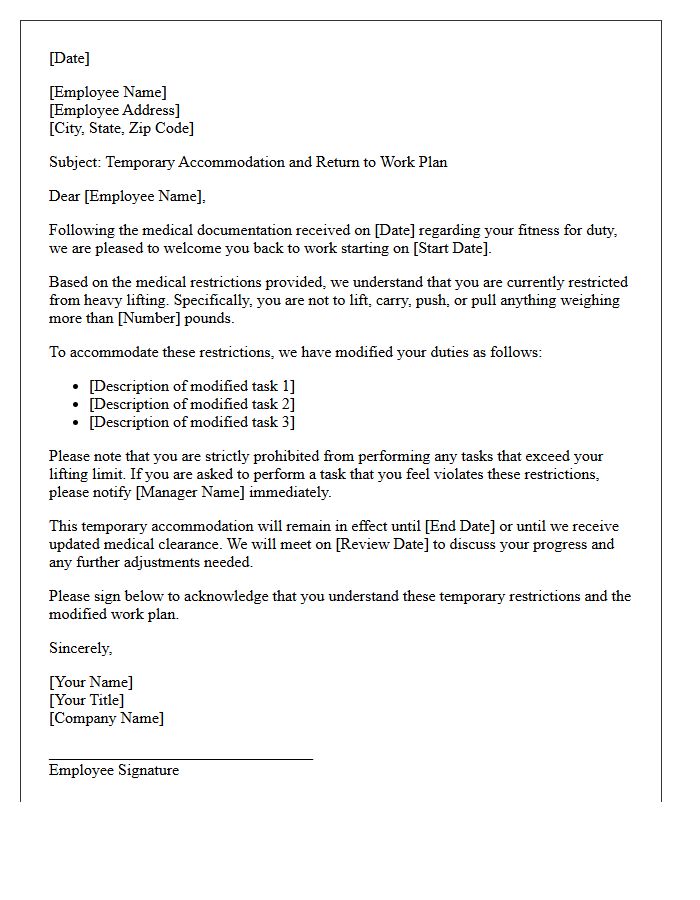 Temporary Accommodation Return to Work with Heavy Lifting Restrictions Letter