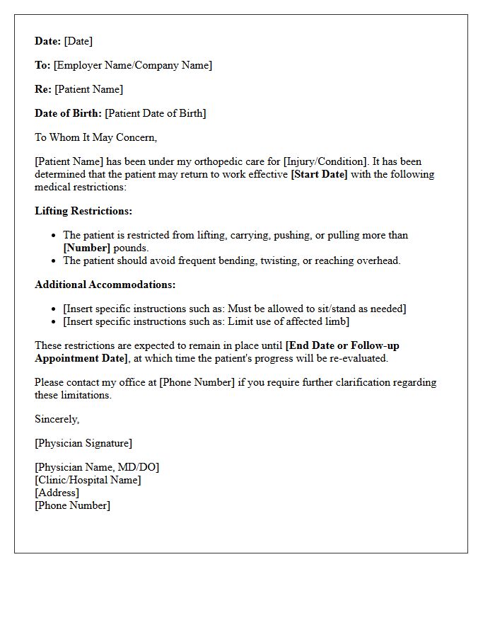 Orthopedic Patient Return to Work with Heavy Lifting Restrictions Letter