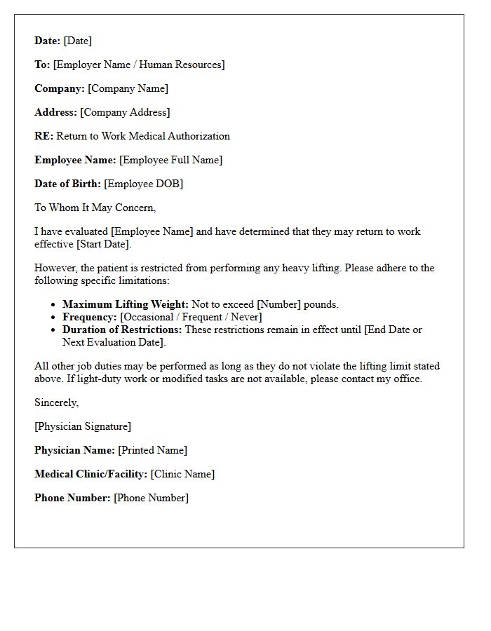 Physician Authorized Return to Work with Heavy Lifting Restrictions Letter