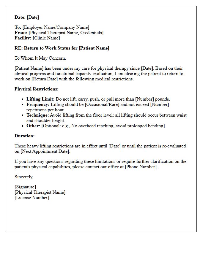 Physical Therapy Return to Work with Heavy Lifting Restrictions Letter